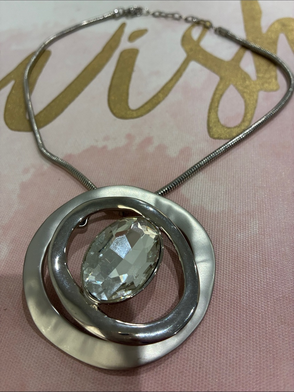 Silver Statement Pendant Necklace with Clear Oval Crystal